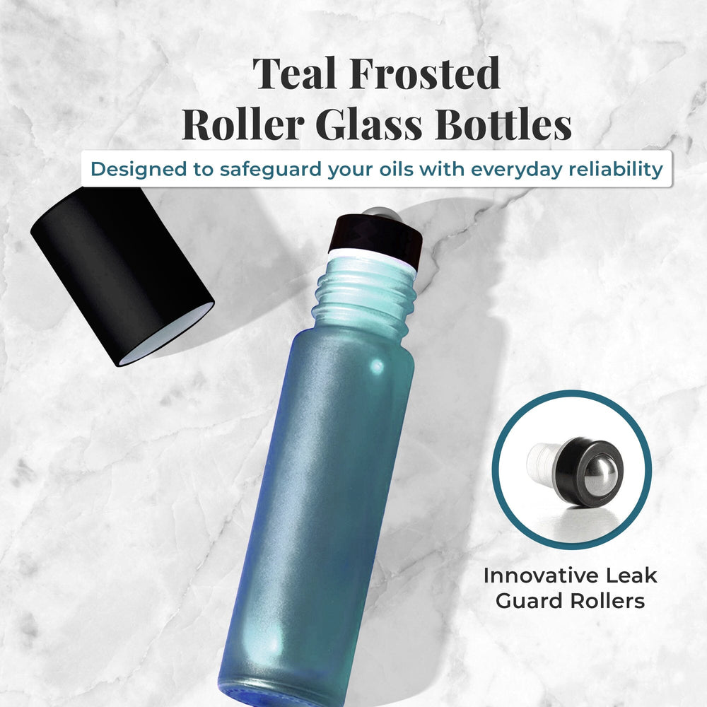 10 ml Teal Frosted Glass Bottles with Leak Guard™ Rollers (Pack of 5) Glass Roller Bottles Your Oil Tools 