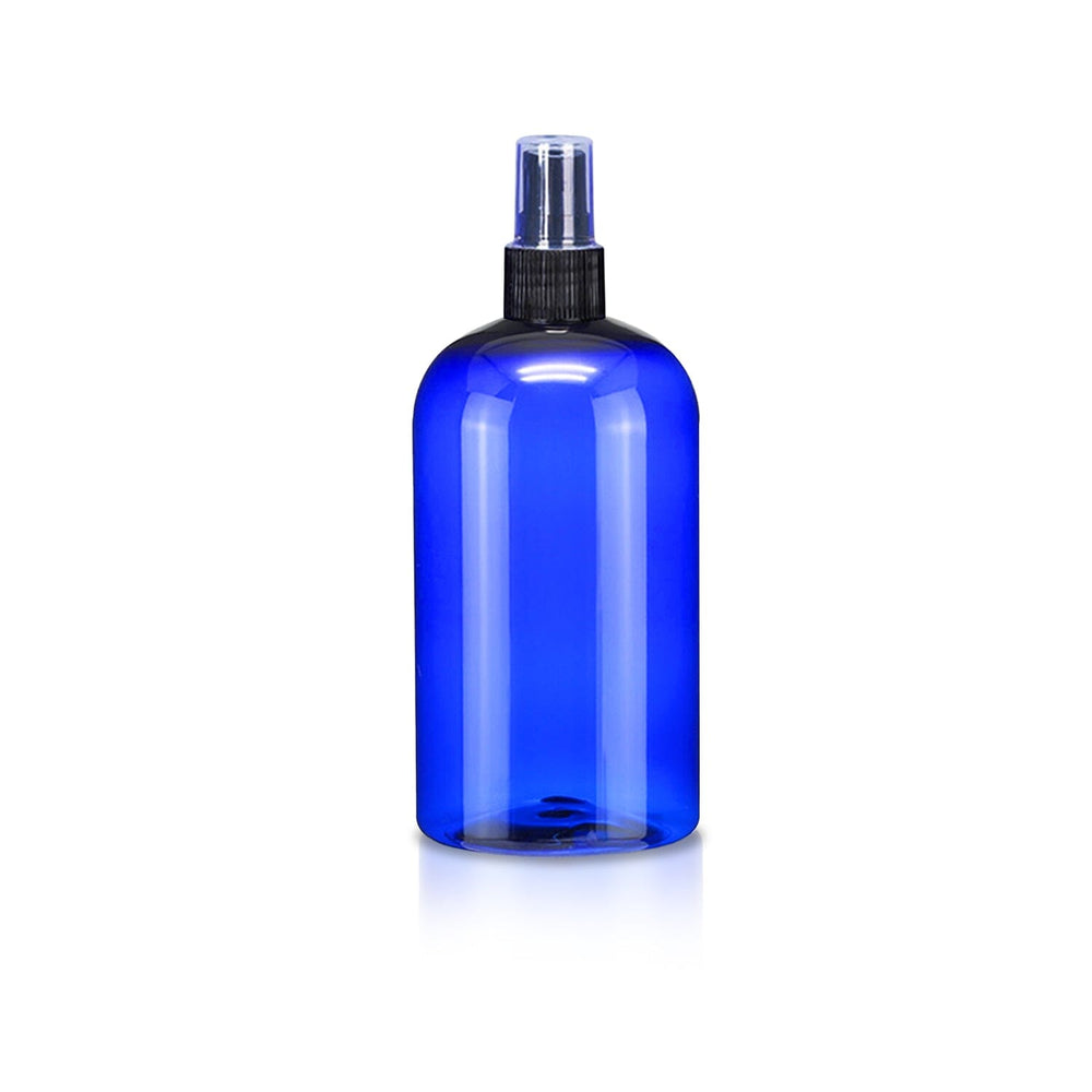 16 oz Blue PET Plastic Boston Round Bottle w/ Black Fine Mist Top Plastic Spray Bottles Your Oil Tools 