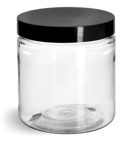 8 oz Clear PET single wall jar w/ black smooth lid Plastic Jars Your Oil Tools 